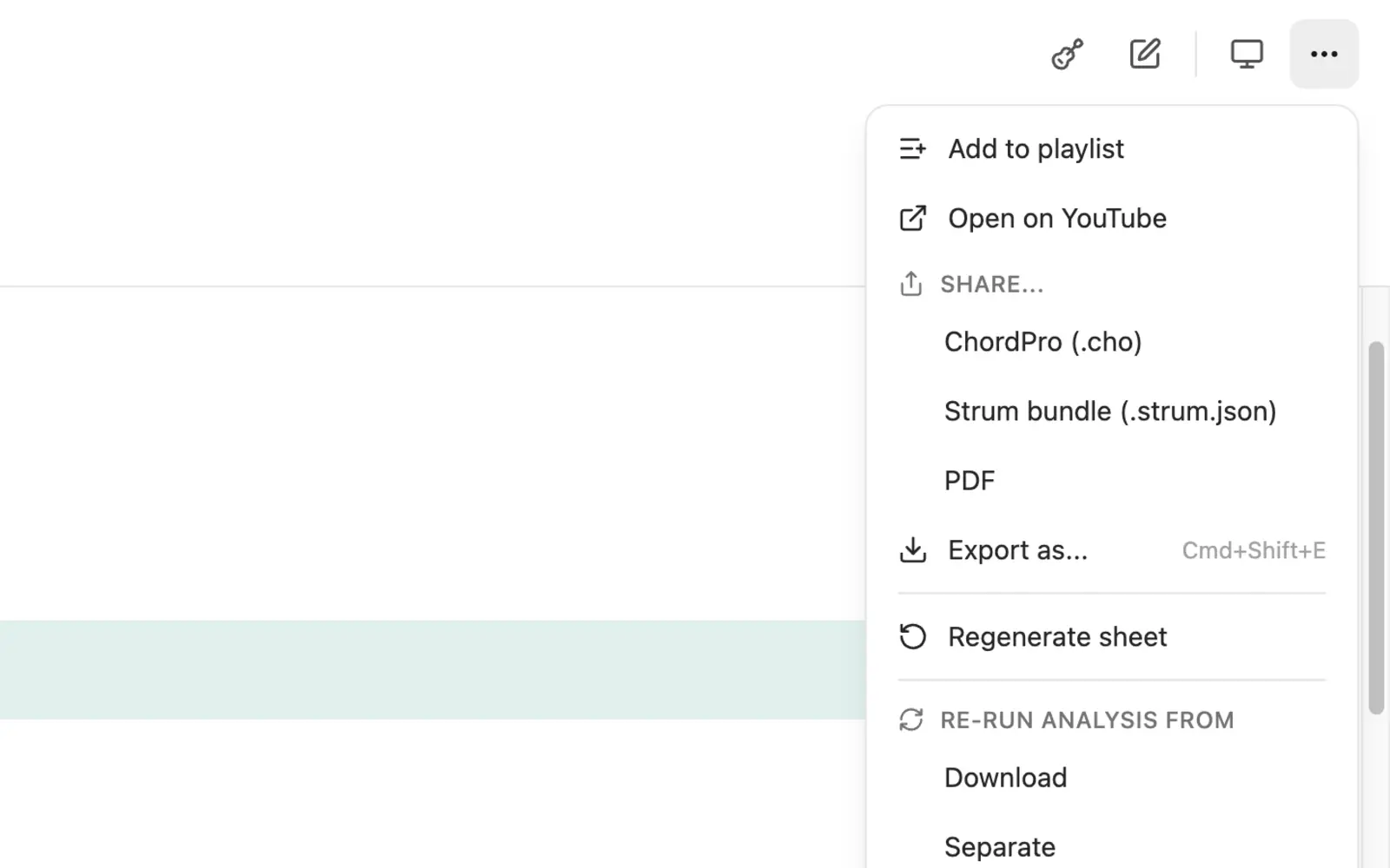 The song menu with the share and export options